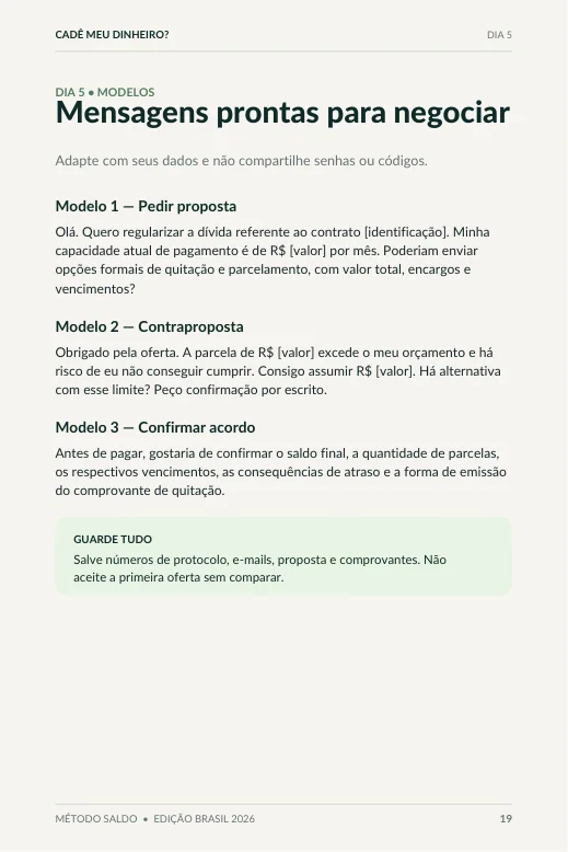 Página do e-book com mensagens prontas para negociar dívidas